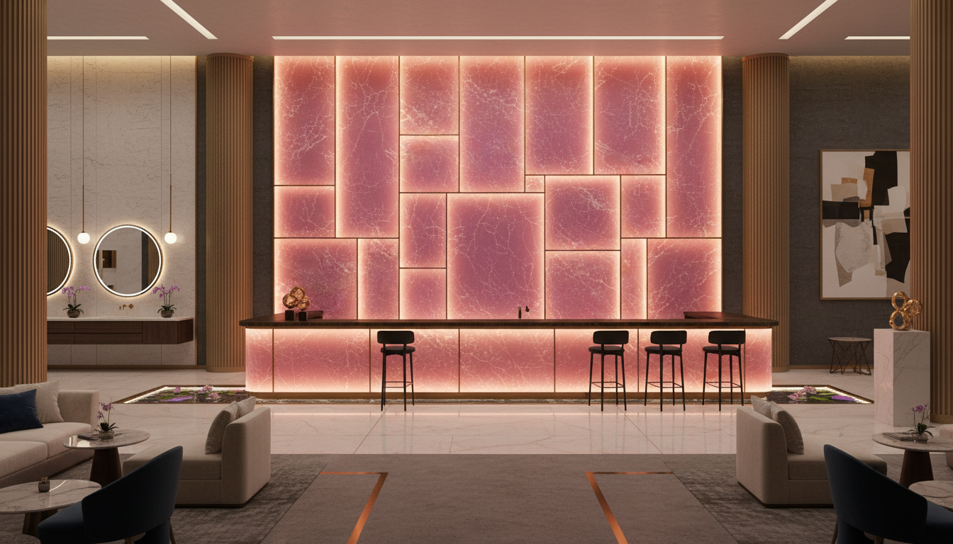 Backlit onyx reception and bar counter project in hospitality space